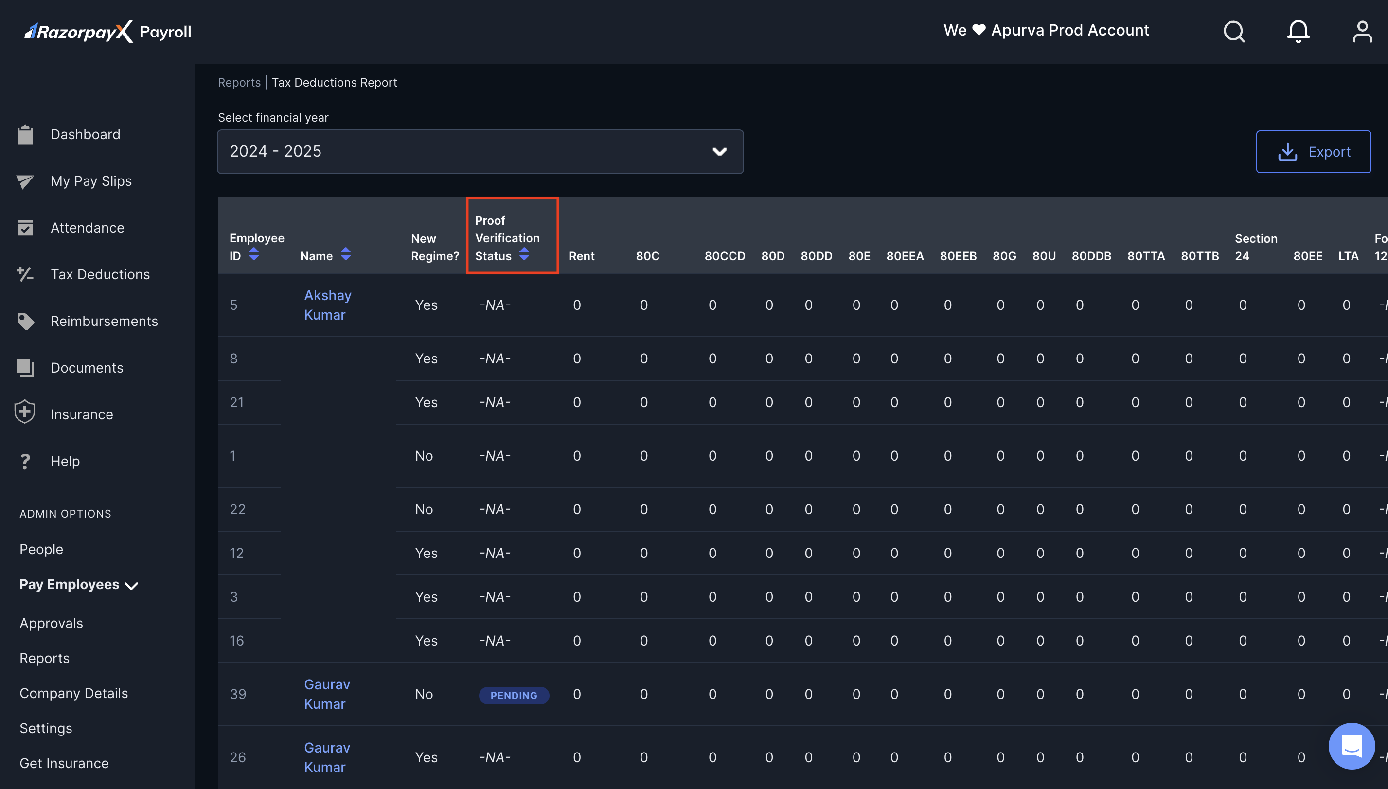 Proof Verification Status on Payroll Dashboard