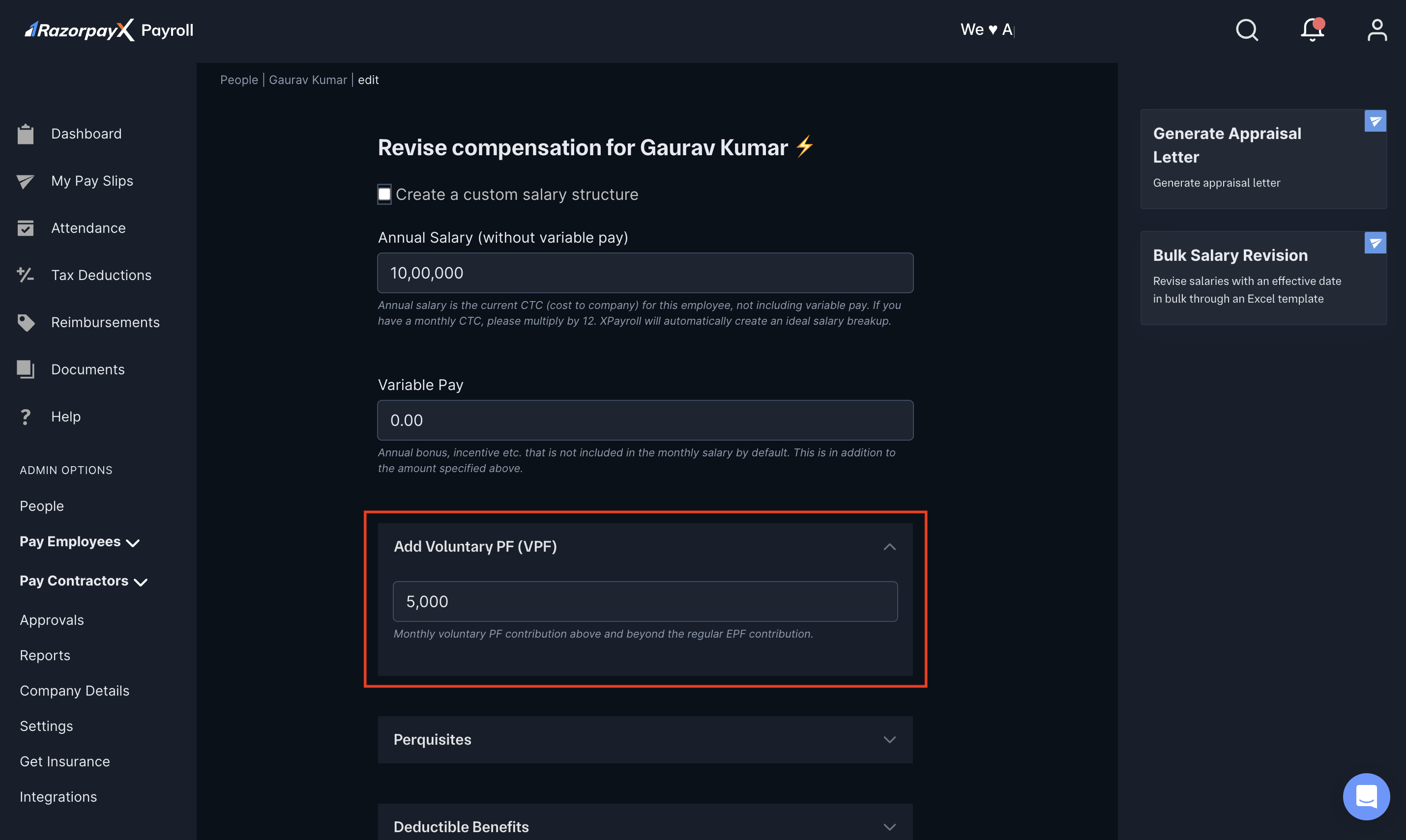 Add VPF contribution Payroll Dashboard