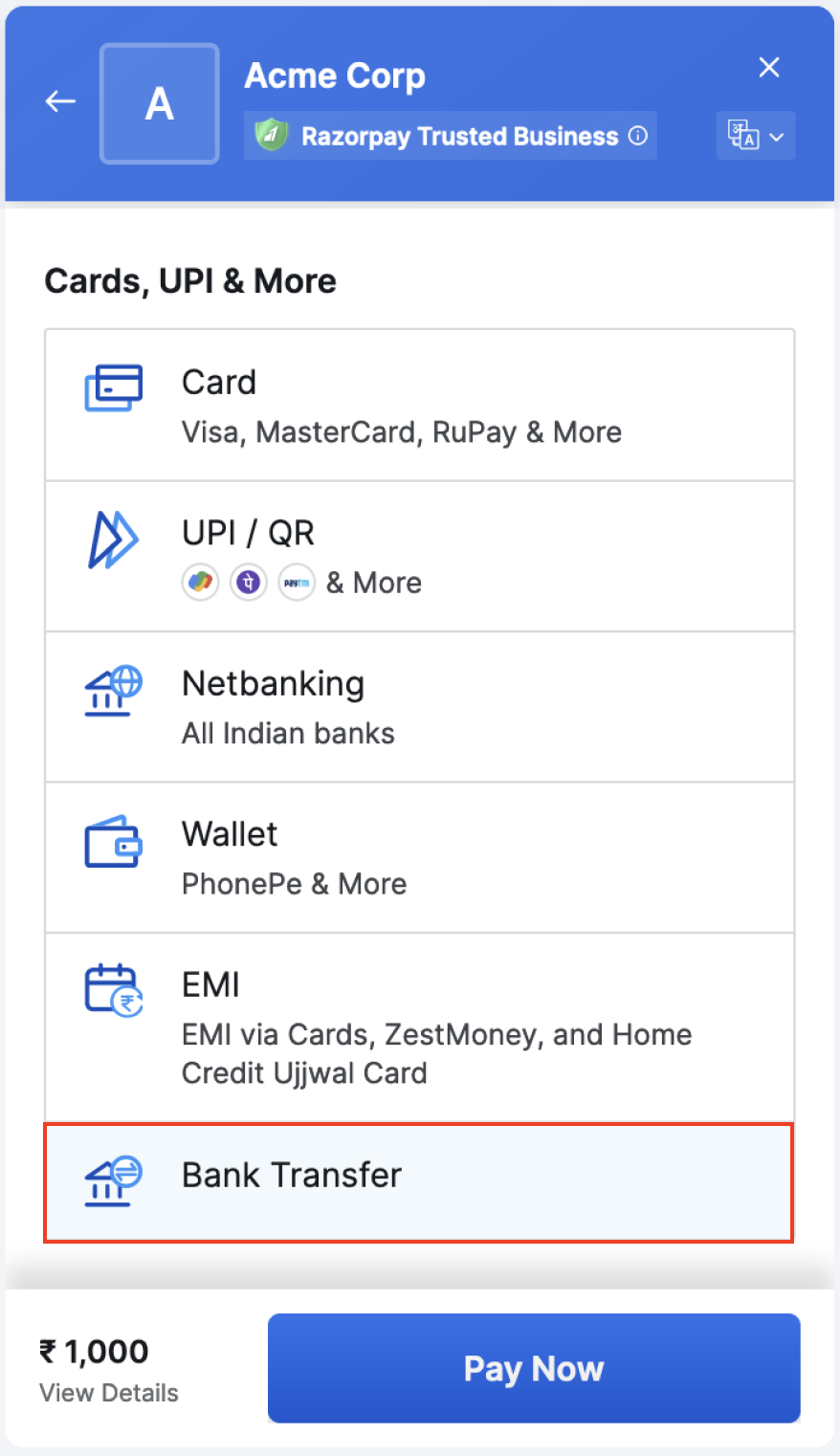 Checkout screen with Bank Transfer