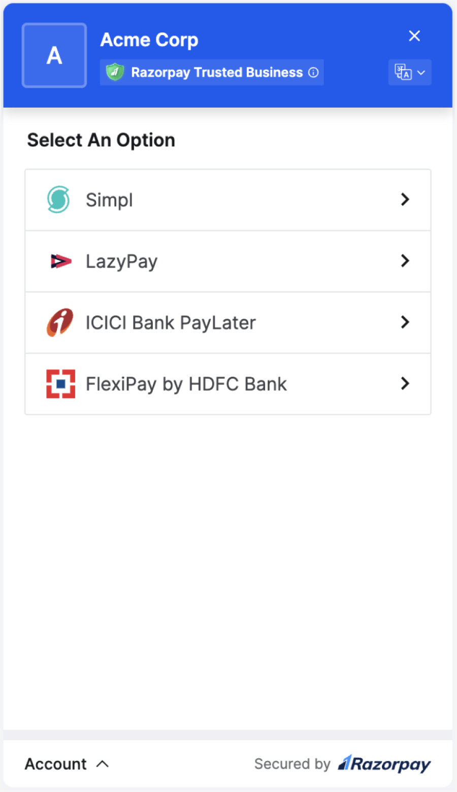 Select the preferred provider from the list of Pay Later providers