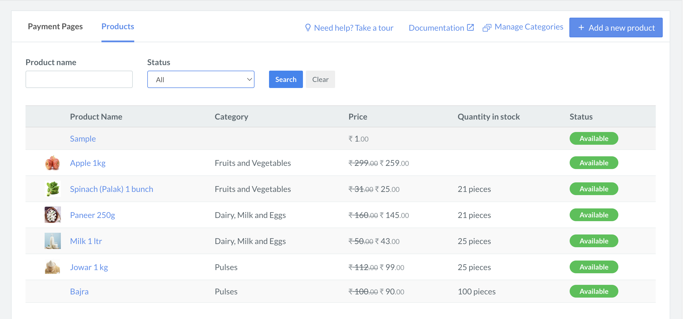 Storefront Pages Product list on Dashboard.