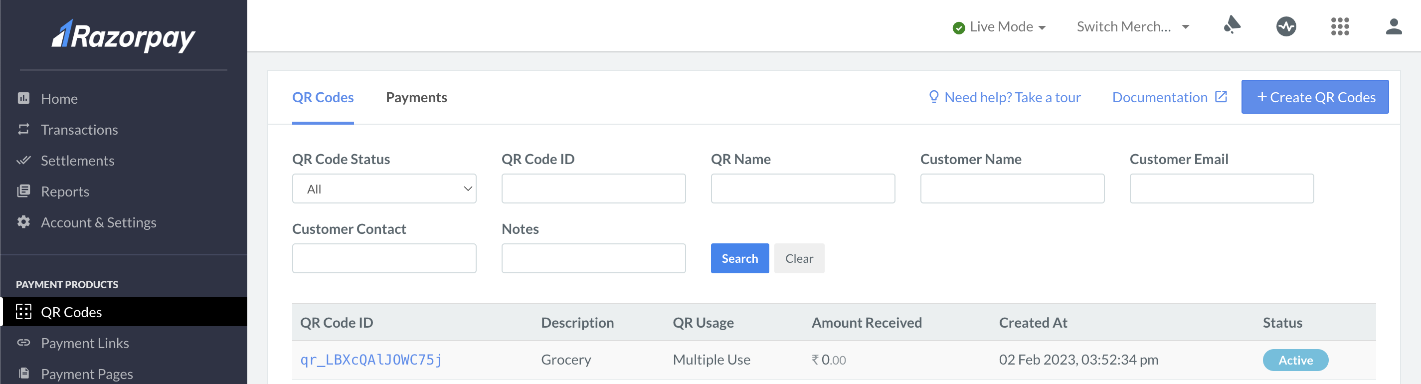 Create QR codes on the Razorpay Dashboard