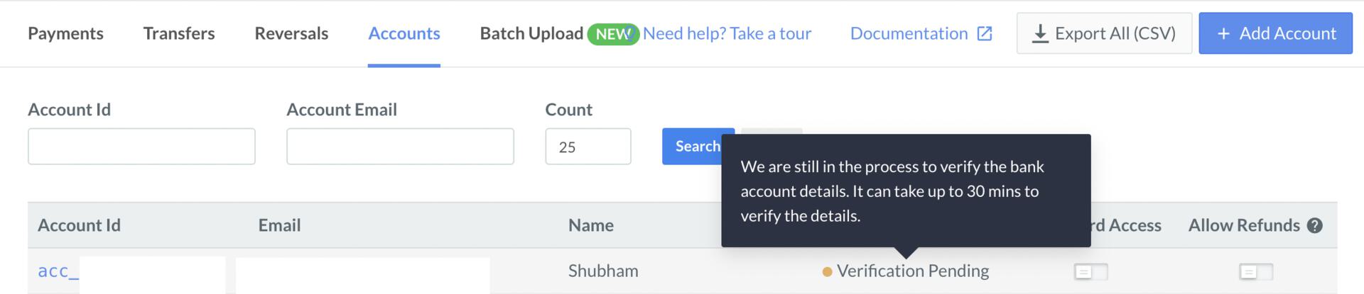 Route - Linked Account Verification Pending