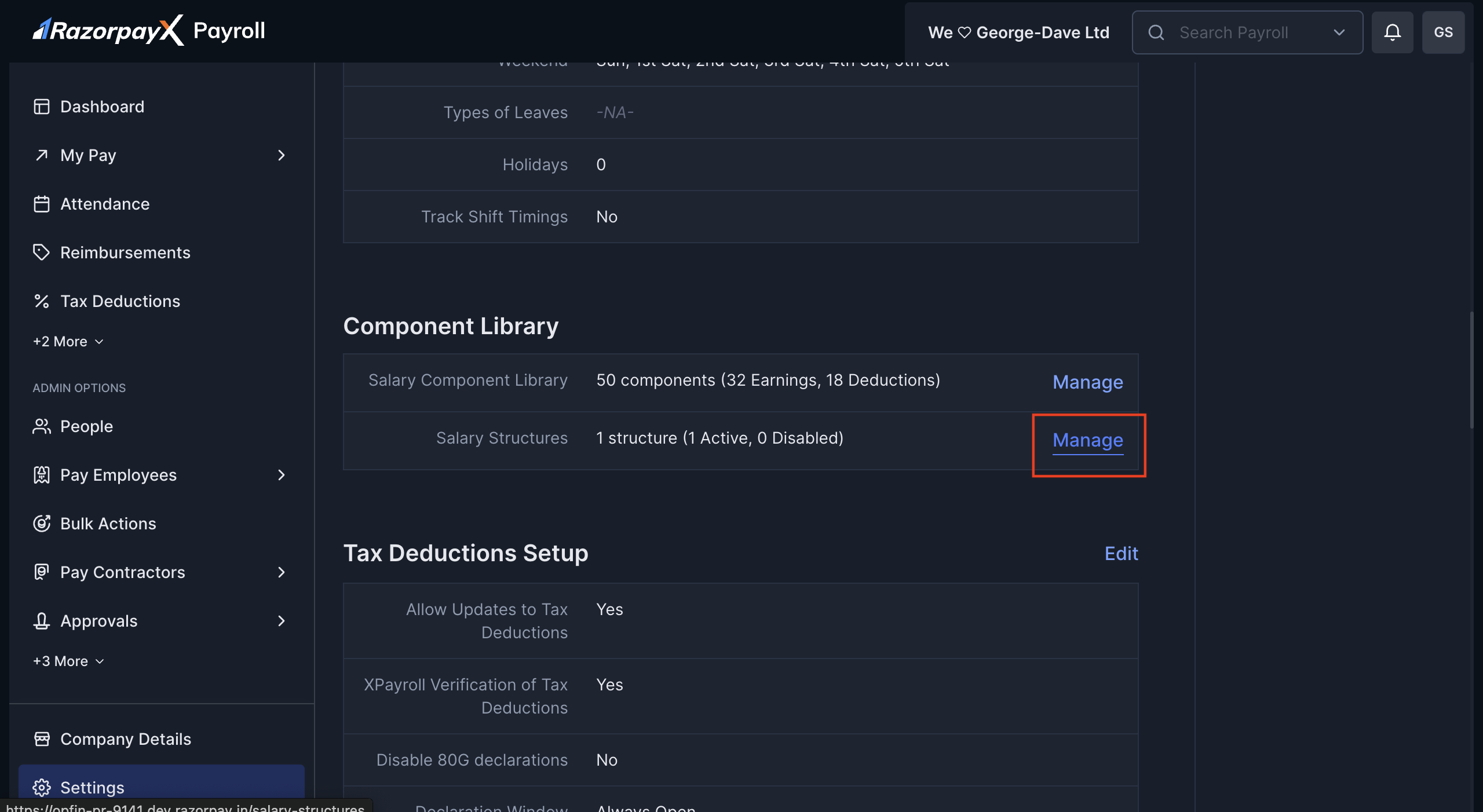 Salary Structures Manage option highlighted under Component Library in Settings.