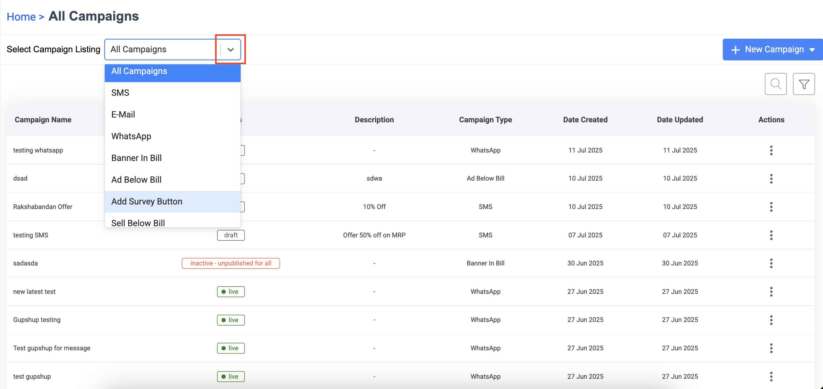 Select Campaigns List Dropdown