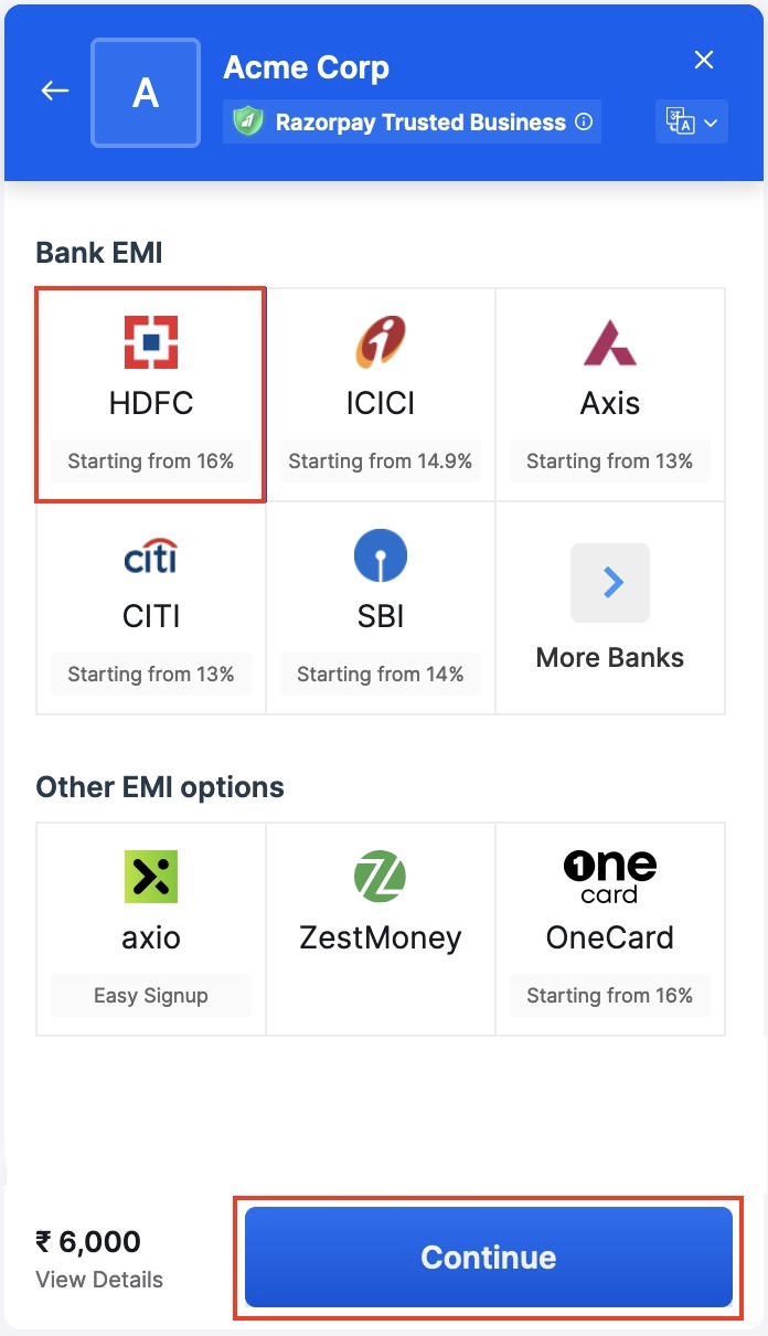 Select Bank EMI or Other EMI options on checkout screen