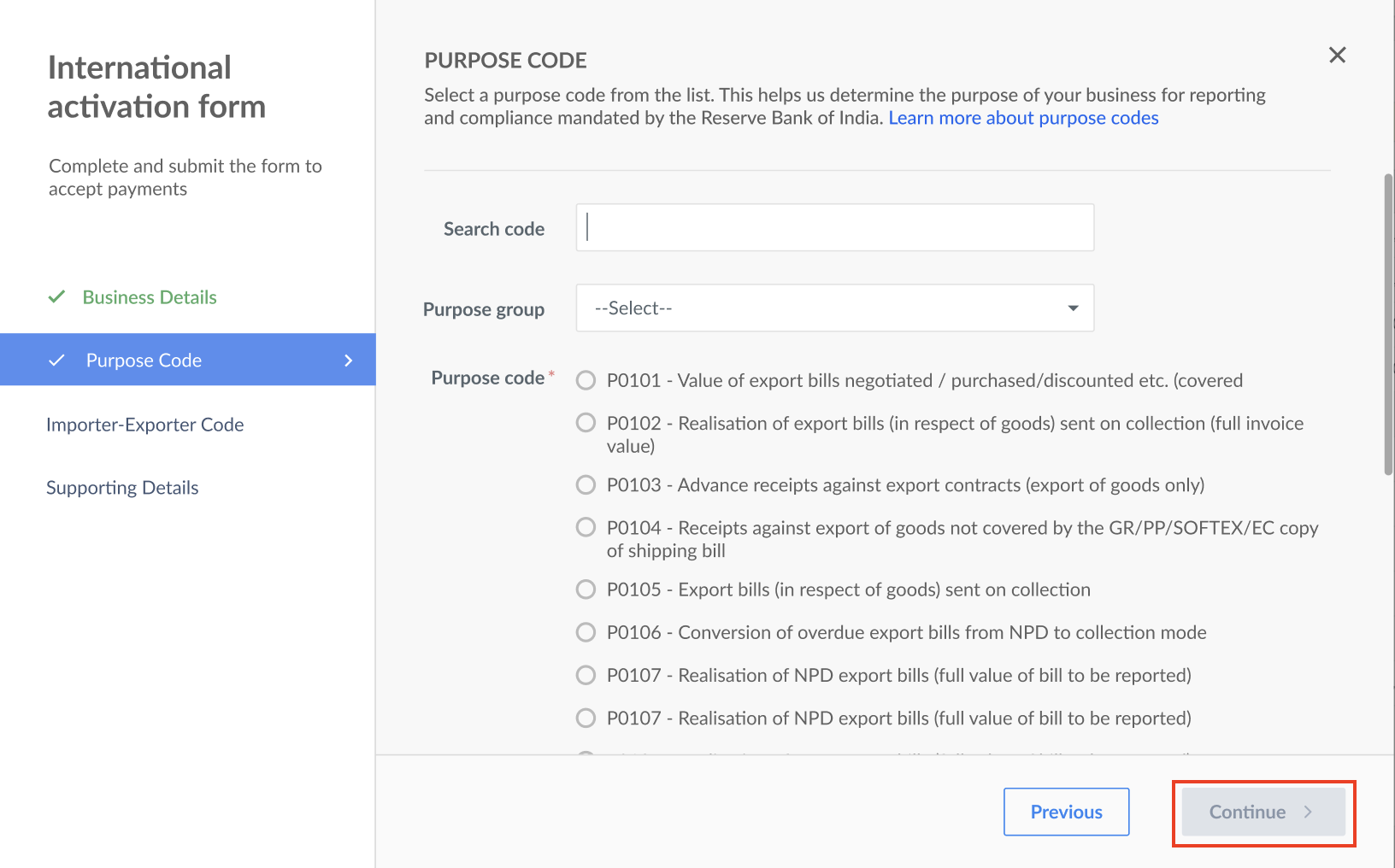 Select the purpose code