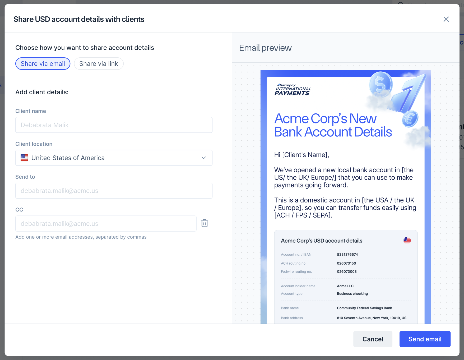 Add details and send email