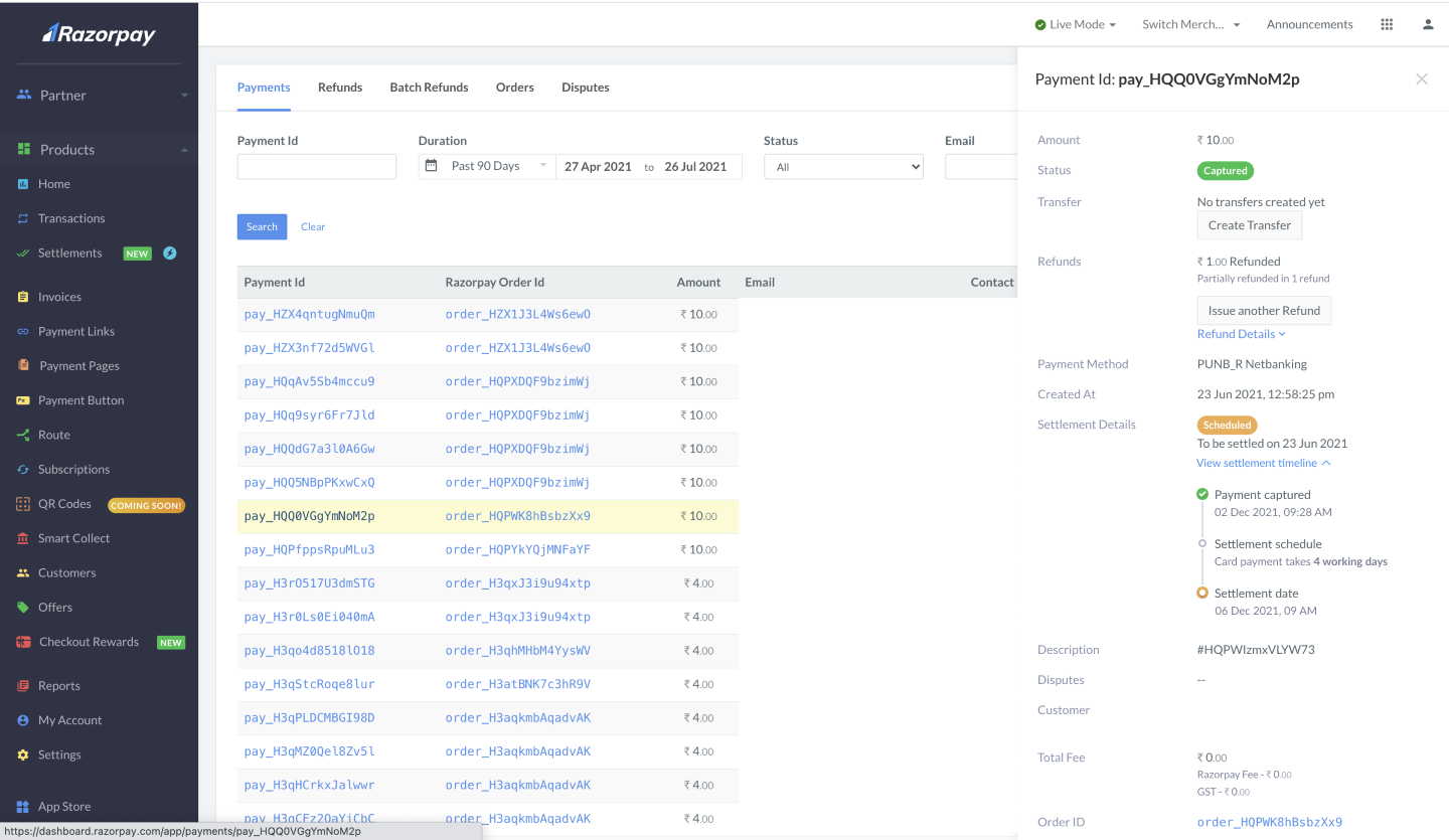 Settlements - Dashboard Actions | Razorpay Docs