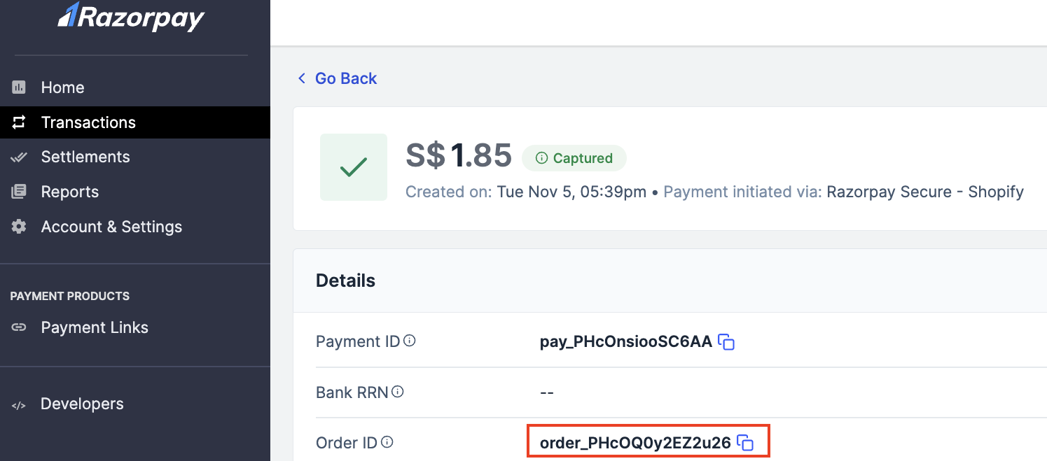 View payments on Razorpay Dashboard