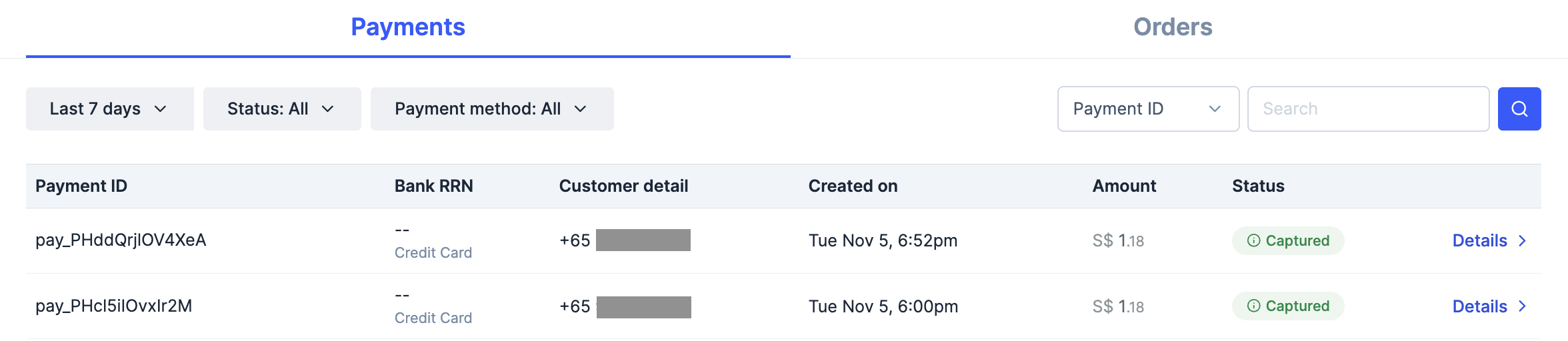 Payment details on Dashboard