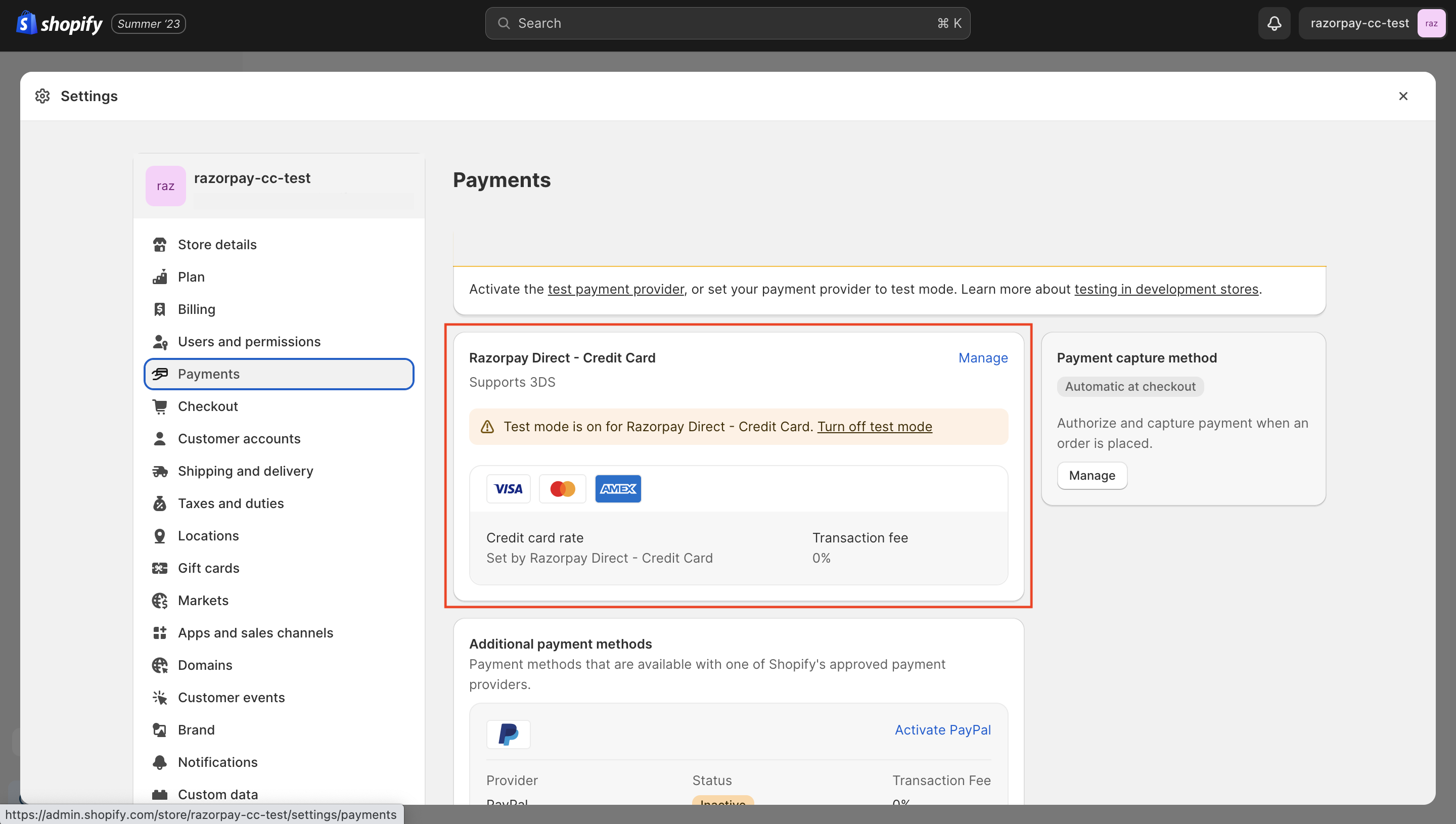 Enabled credit card plugin on shopify store