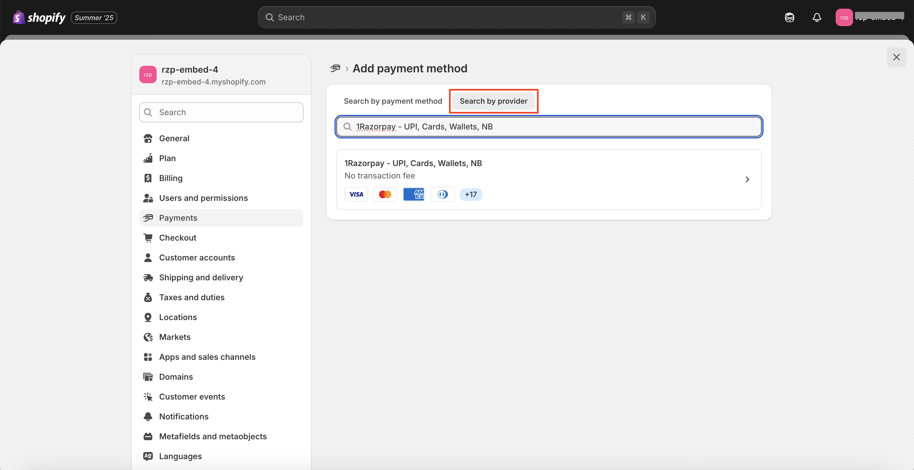 Search for 1Razorpay under search by provider