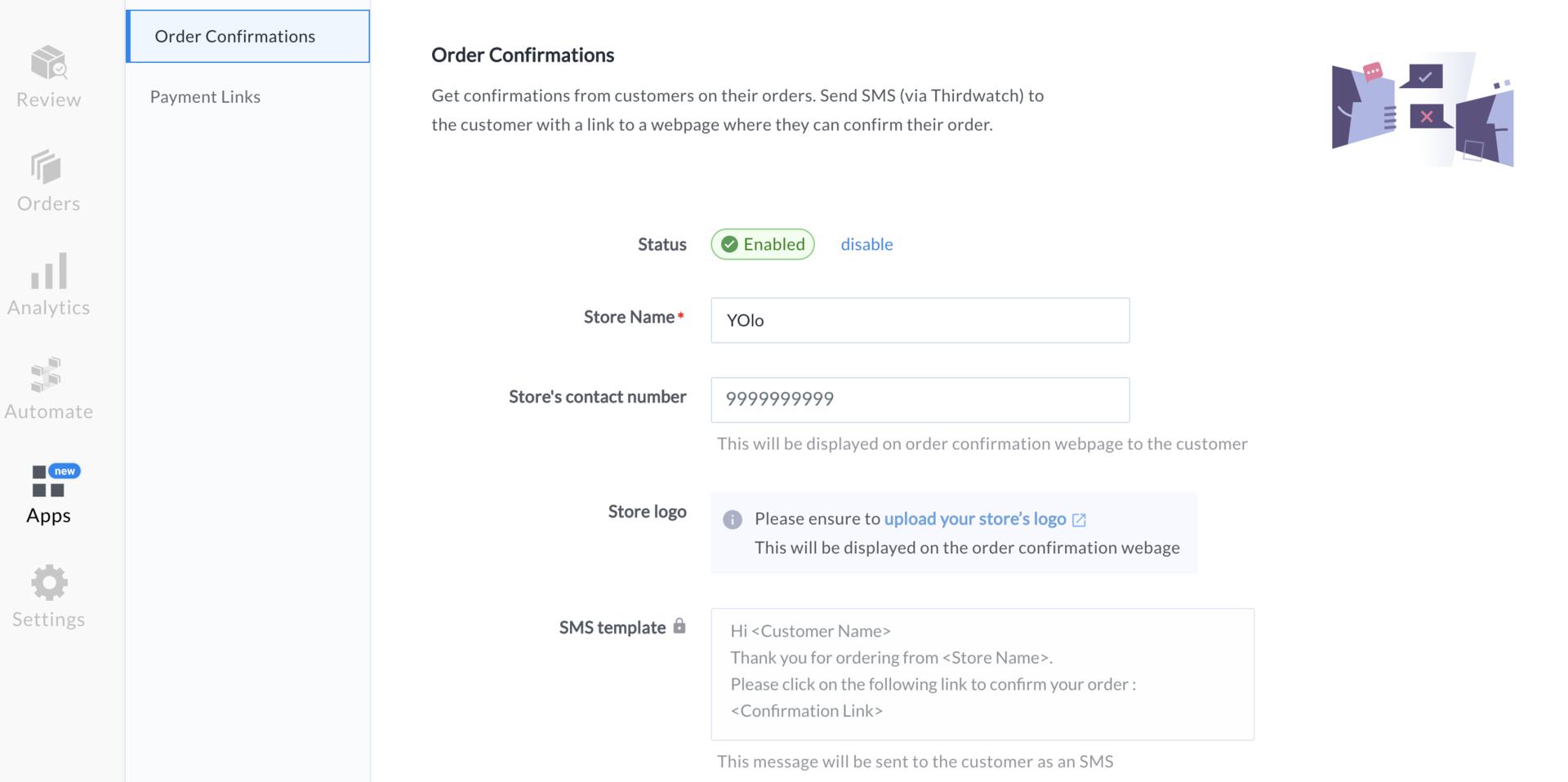 order confirmation setting