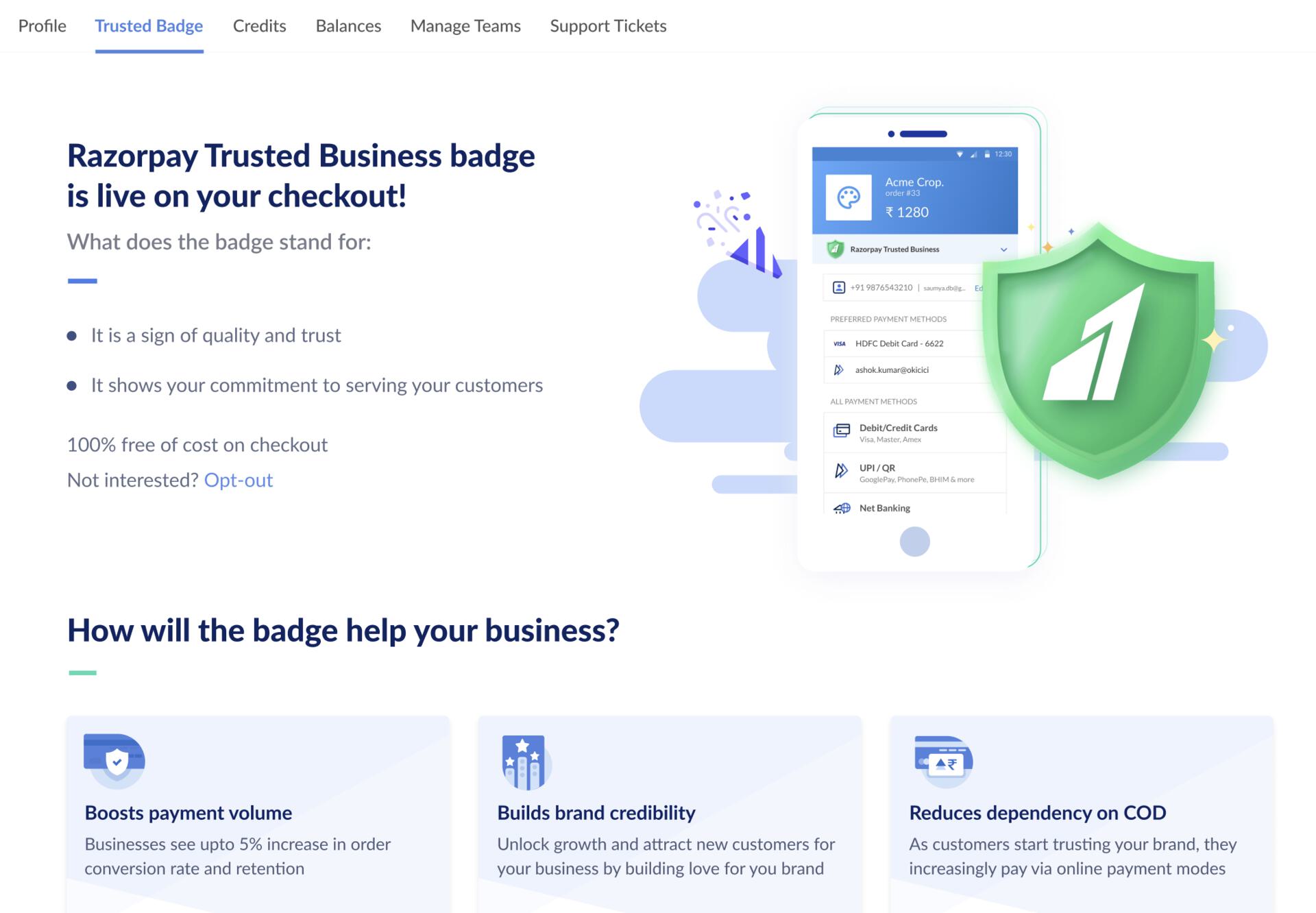 Opt Out of the Razorpay Trusted Business badge program
