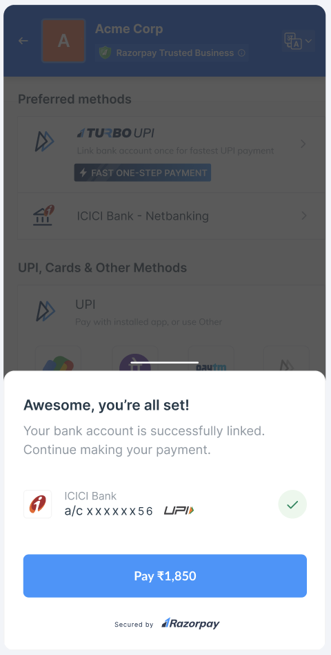 Razorpay Turbo UPI- Bank Account Linked