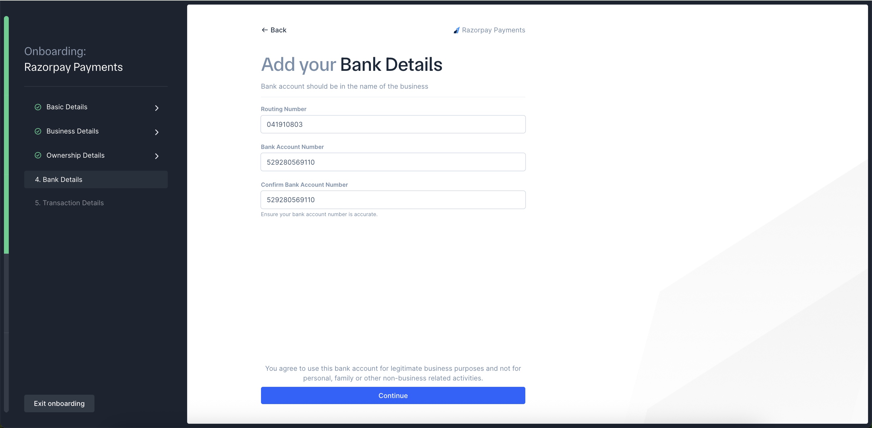Razorpay US Onboarding - Enter Bank Details