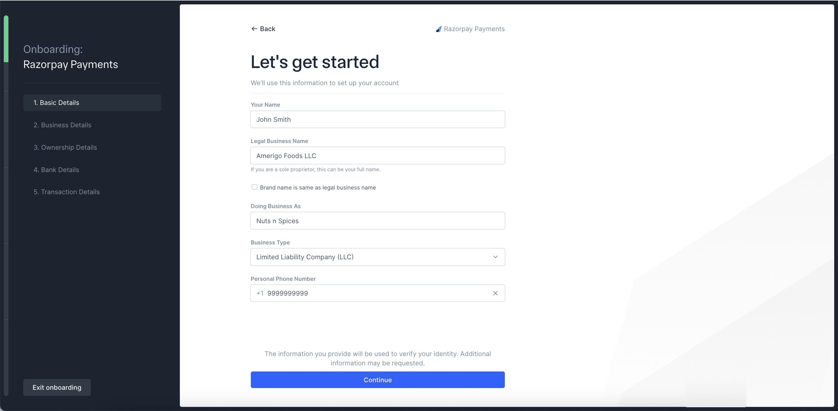 Razorpay US Onboarding - Enter Basic Details