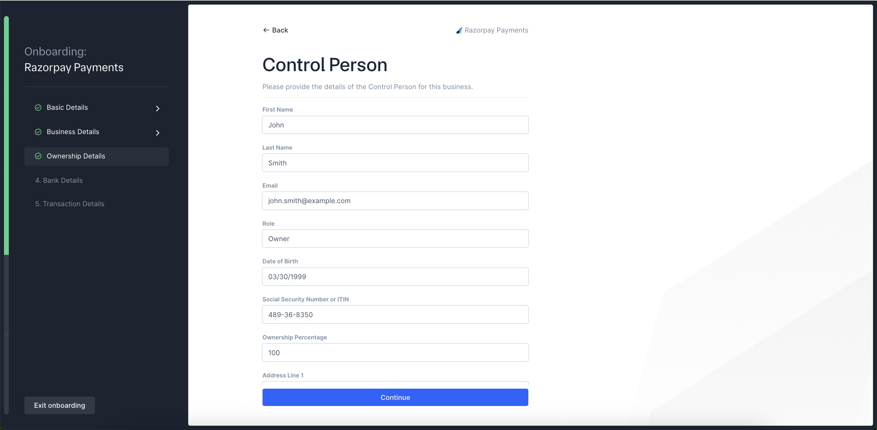 Razorpay US Onboarding - Enter Ownership Details