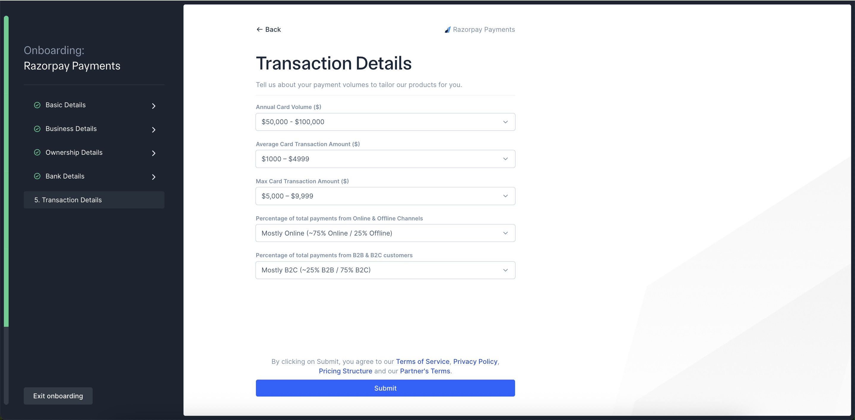 Razorpay US Onboarding - Enter Transaction Details