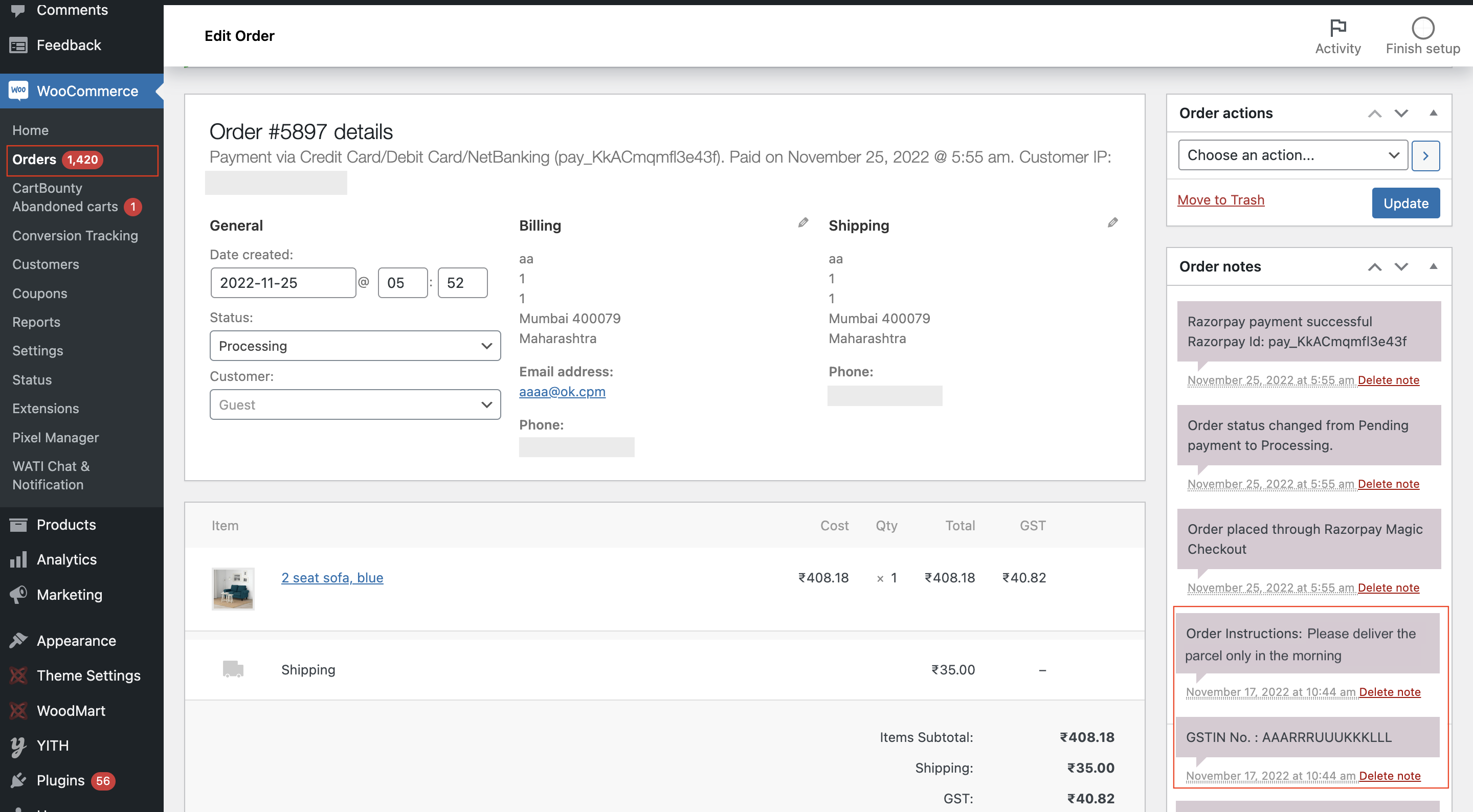 Order and GSTIN detials on the WooCommerce Dashboard