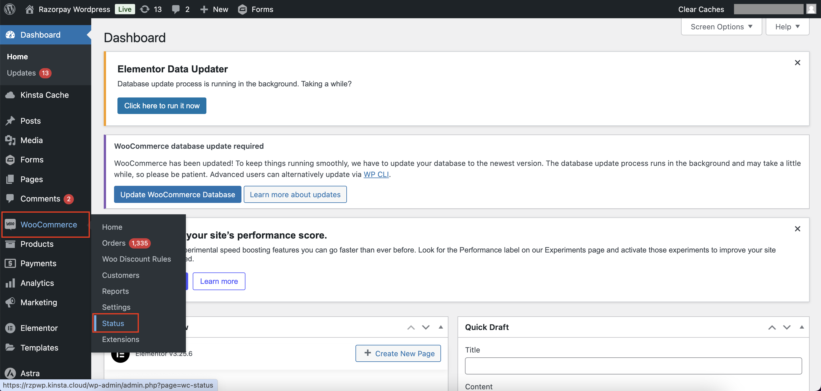 Woocommerce dashboard status