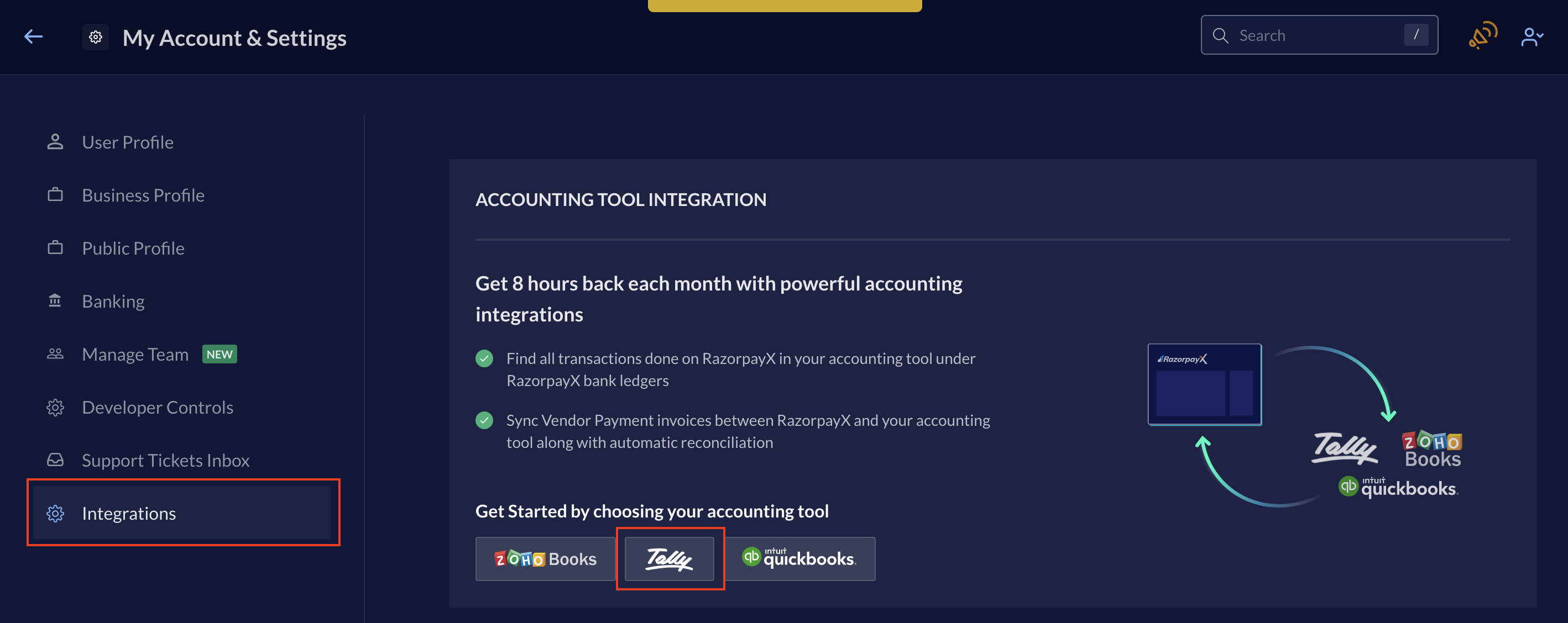 Tally highlighted in Accounting Tool Integrations in RazorpayX Settings