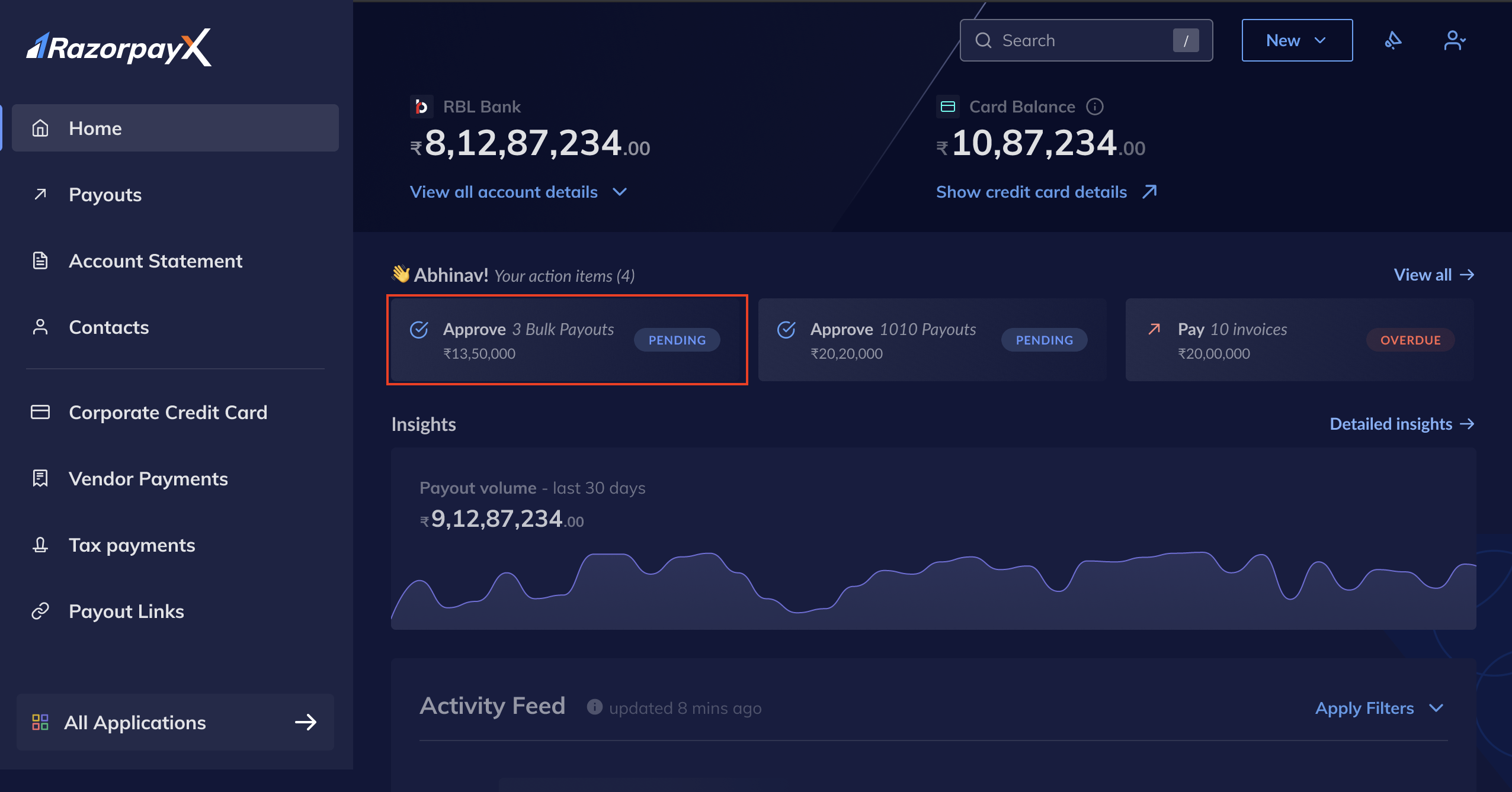 RazorpayX Dashboard Home Page showing pending bulk payout actions