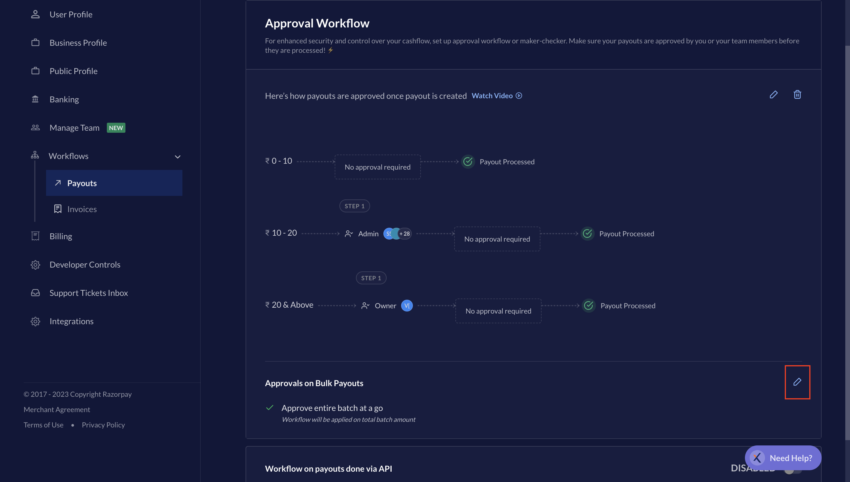 Click edit on RazorpayX Dashboard