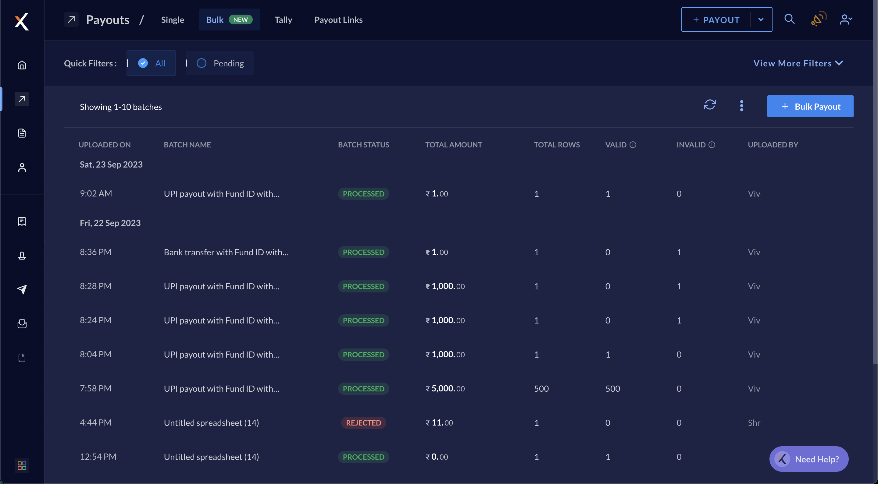 Bulk Payout files history in Quick Filters.