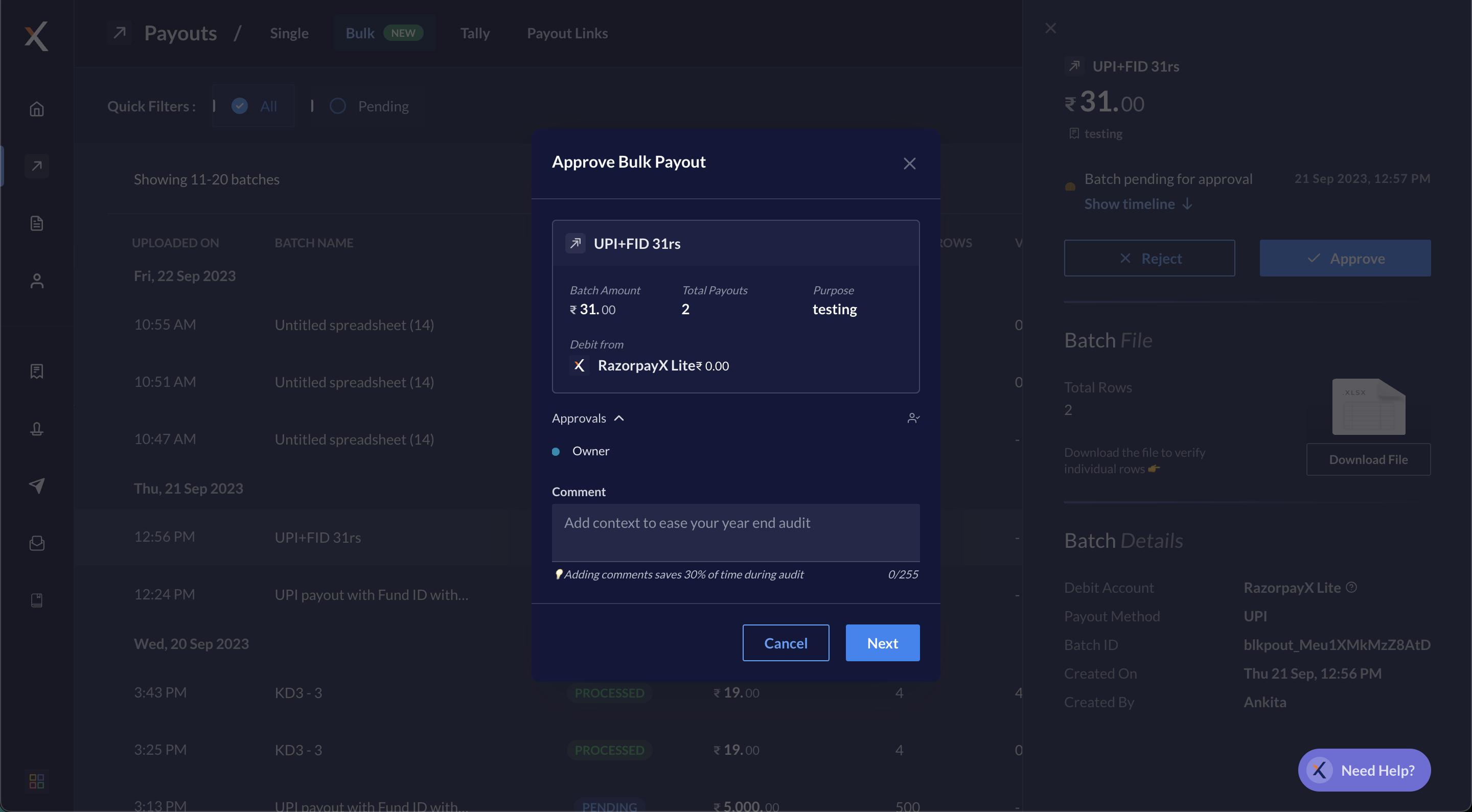Approve Bulk Payouts file on RazorpayX Dashboard