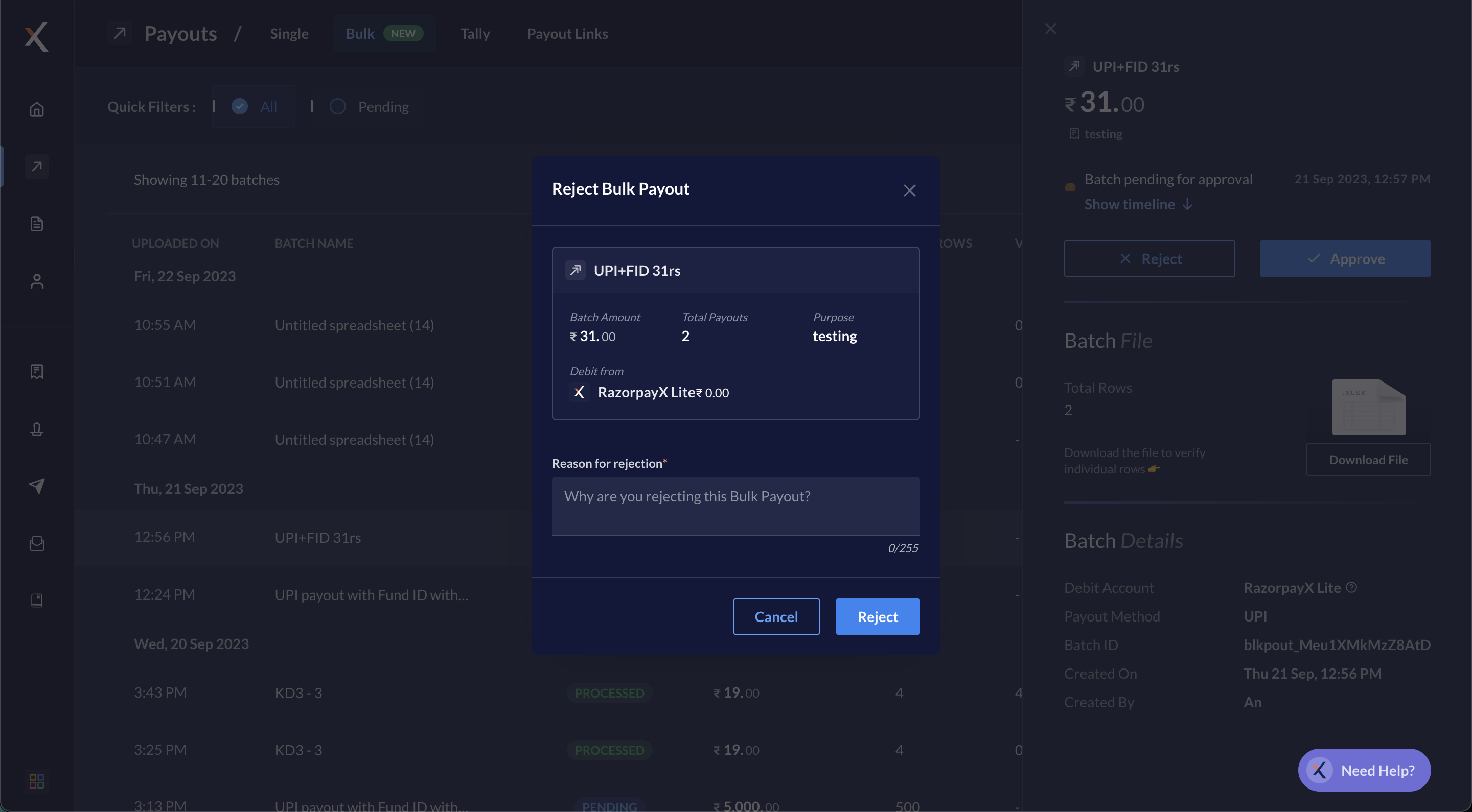 Reject Bulk Payout file on RazorpayX Dashboard