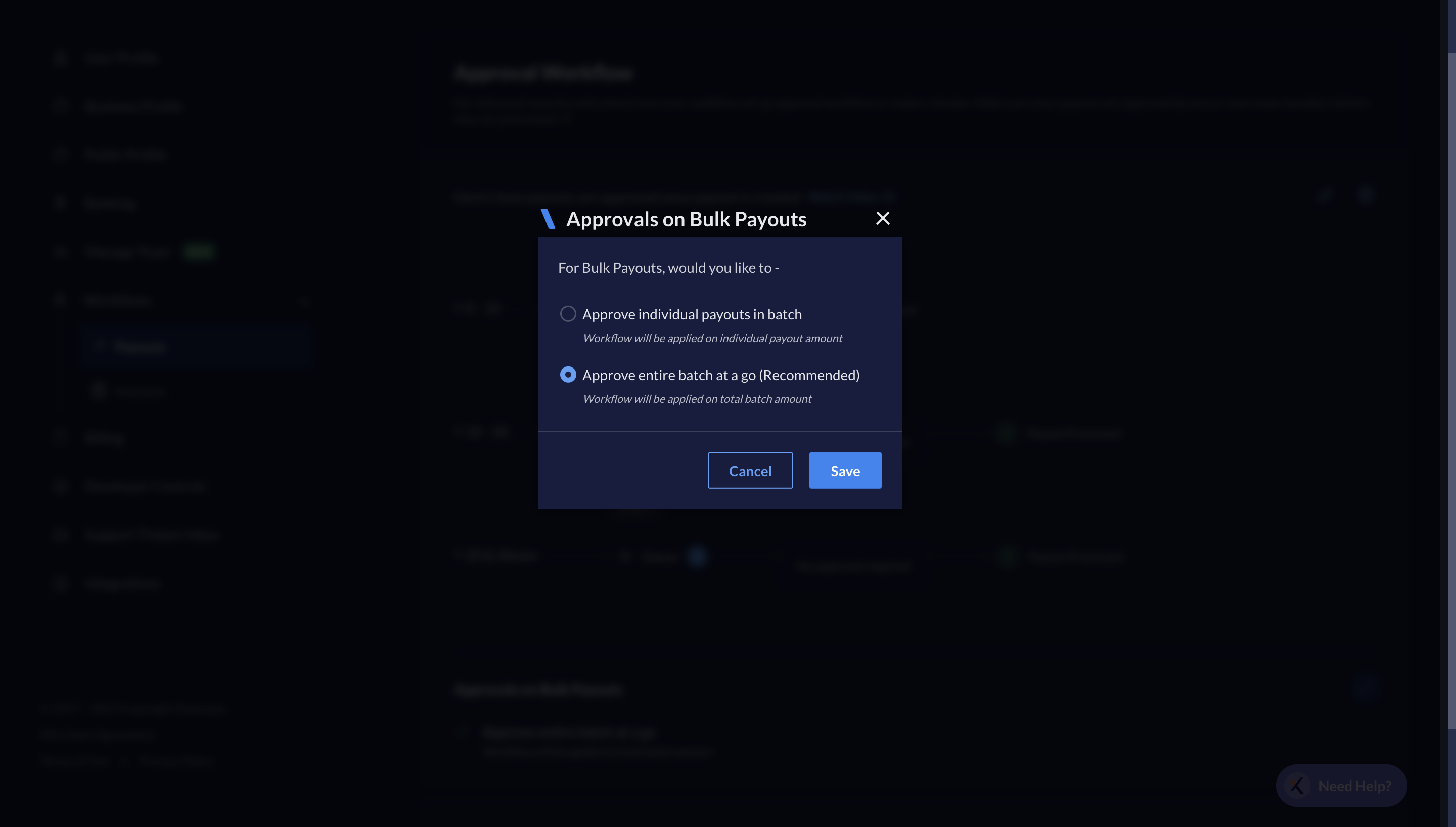 Enable setting to approve bulk payout with single OTP