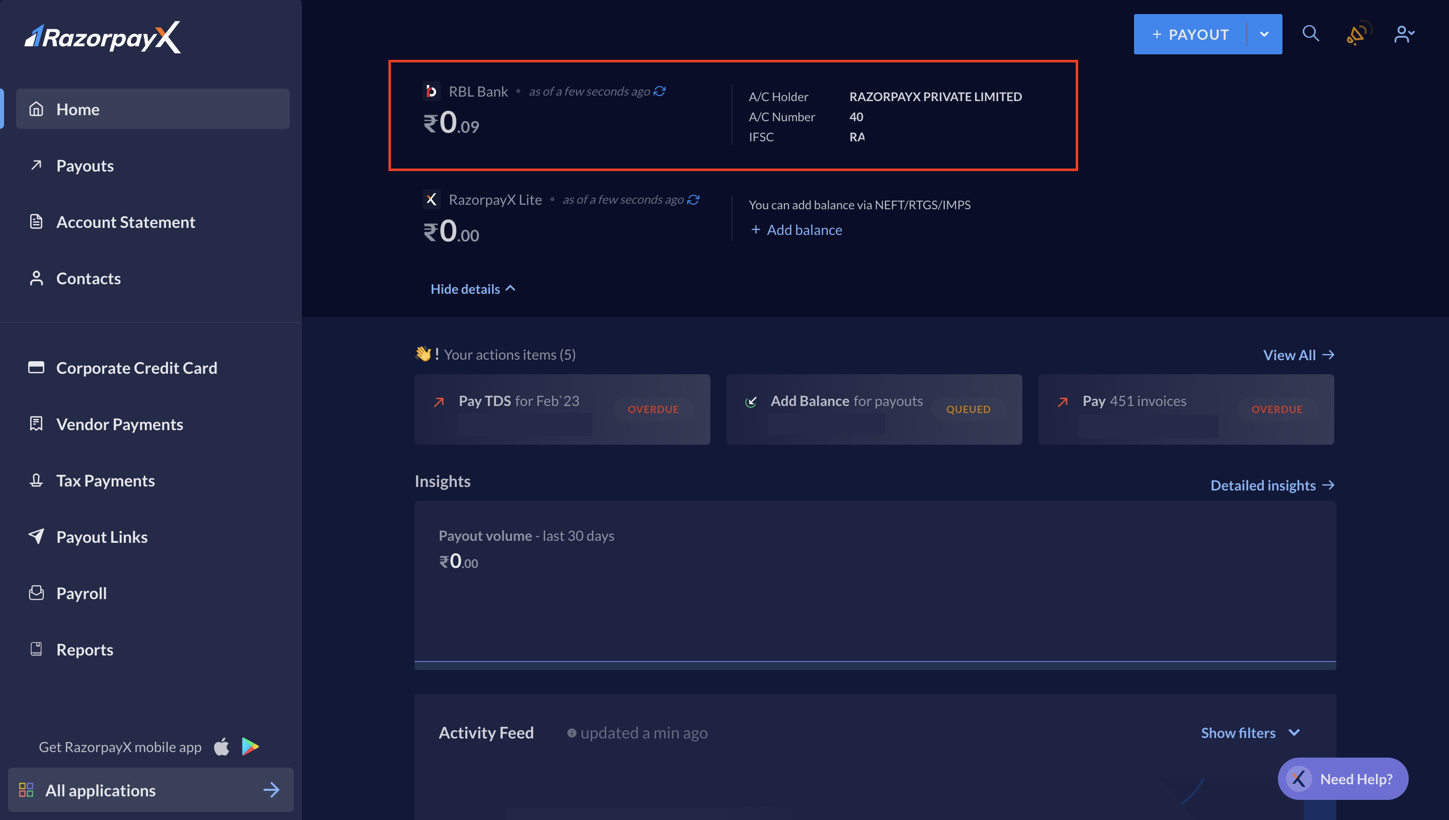 RazorpayX Account Dashboard after Activation