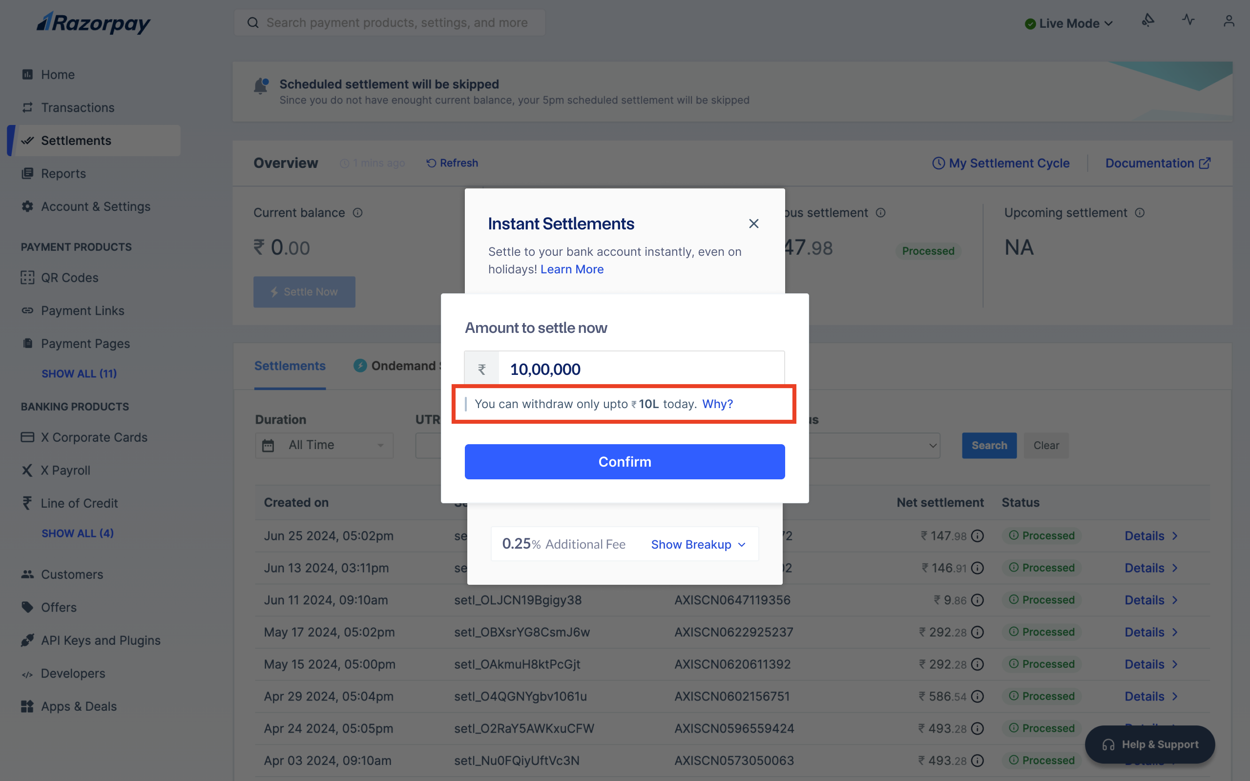 Razorpay Dashboard Instant Settlements daily limit