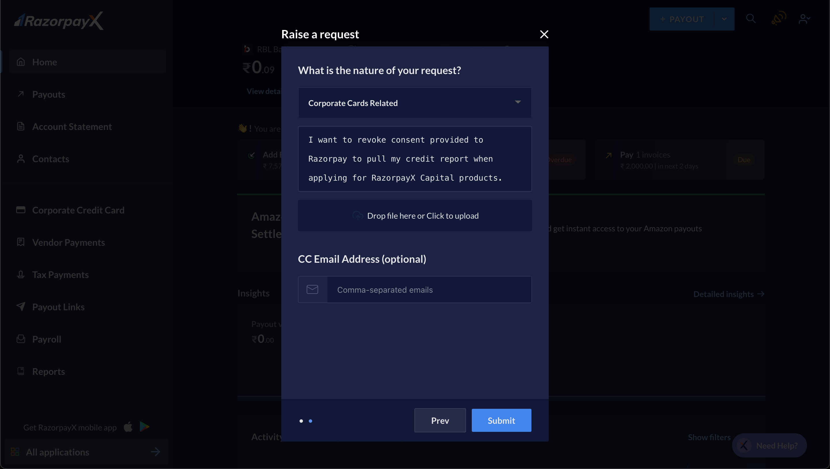 Raise a support request to revoke consent on RazorpayX Dashboard