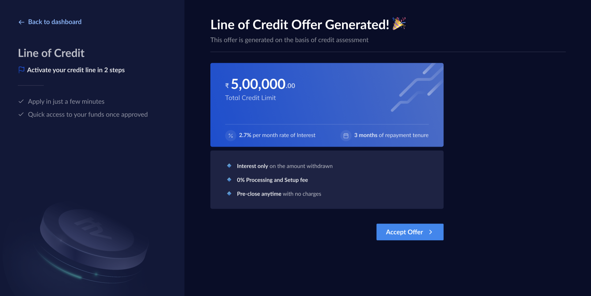 Line of Credit offer page with limit of Rs. 5 Lakhs