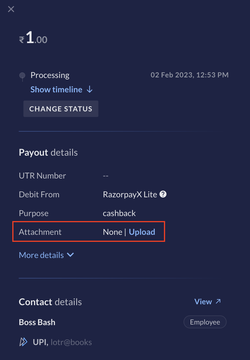 Payout summary pop-up showing Payout details and highlighting Attachment and Upload