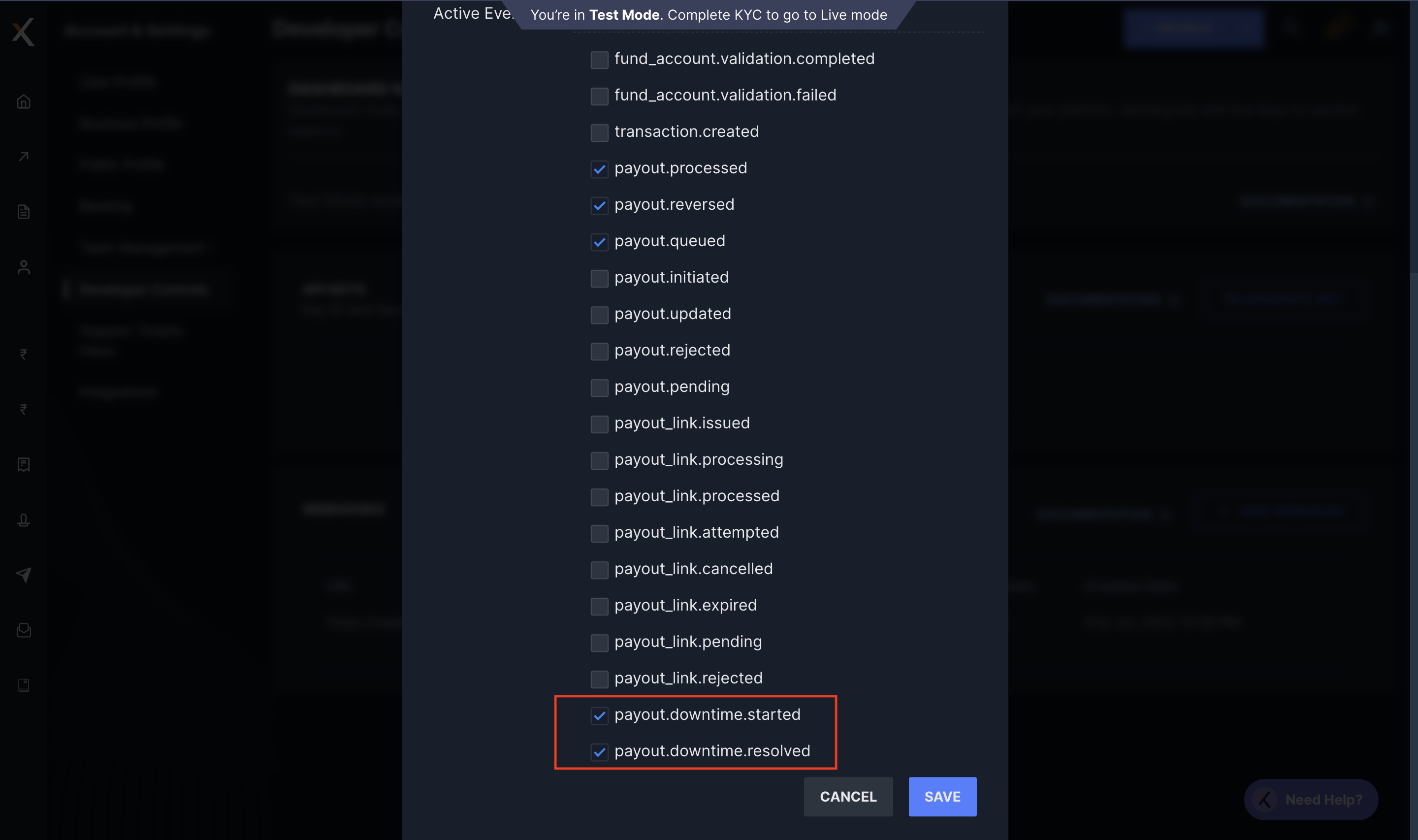 RazorpayX Dashboard enable payout downtime webhooks