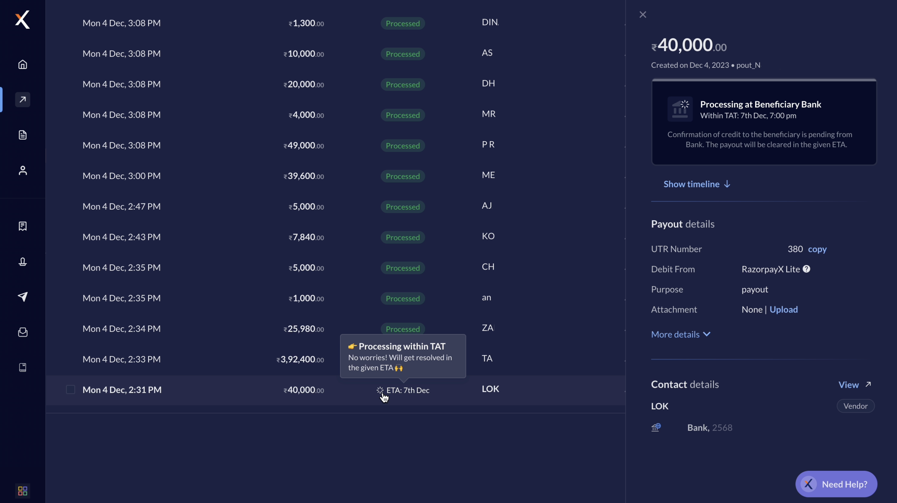 Payout status details on dashboard