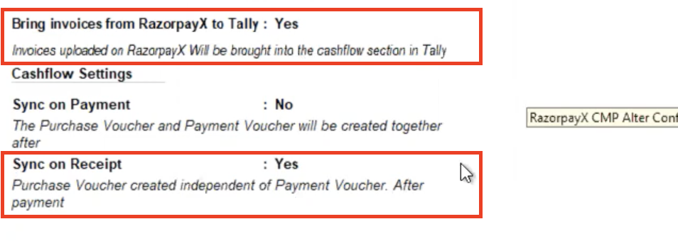 Change the settings against bringing invoices and syncing receipts on Tally