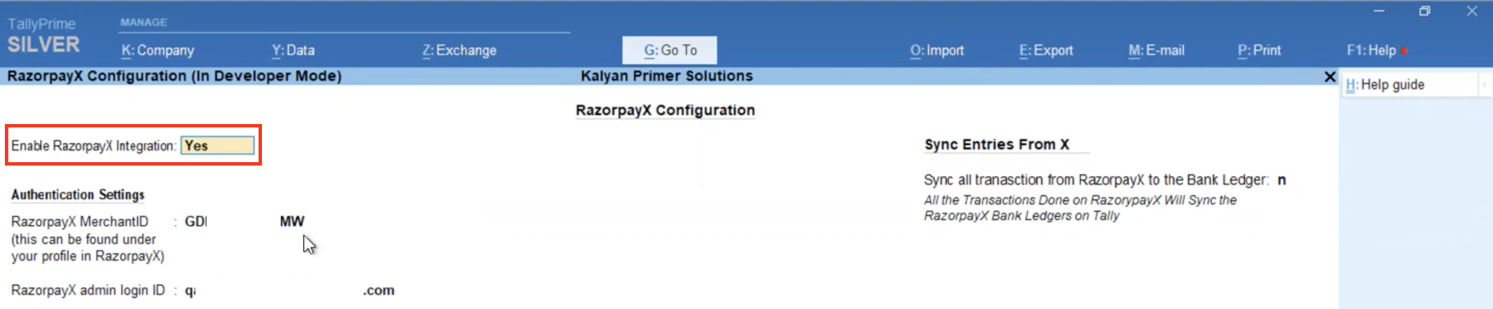 Say Yes against Enable RazorpayX Integration in Tally Prime