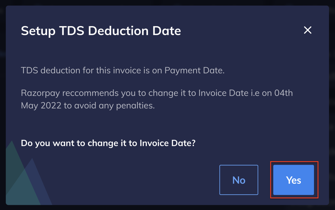 Change TDS deduction setting for a Vendor from payment date to invoice date