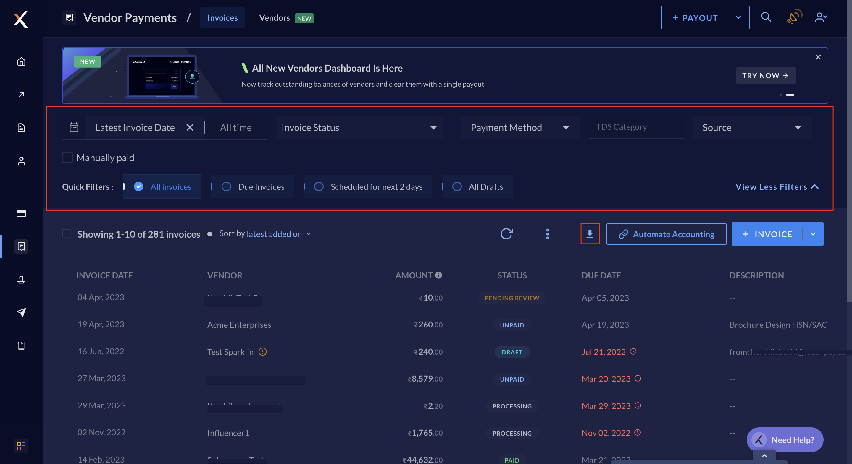 Filter Vendor Invoices