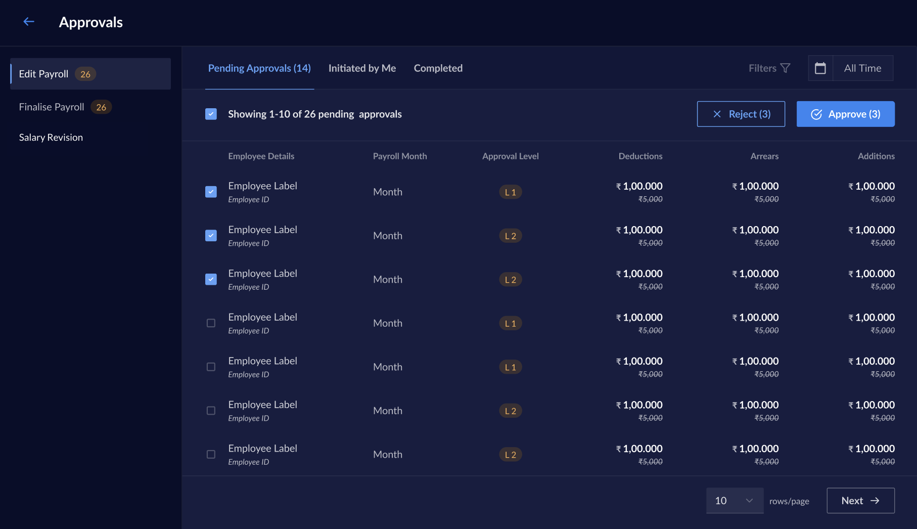 Approval actions like bulk select and filters on the Payroll Dashboard