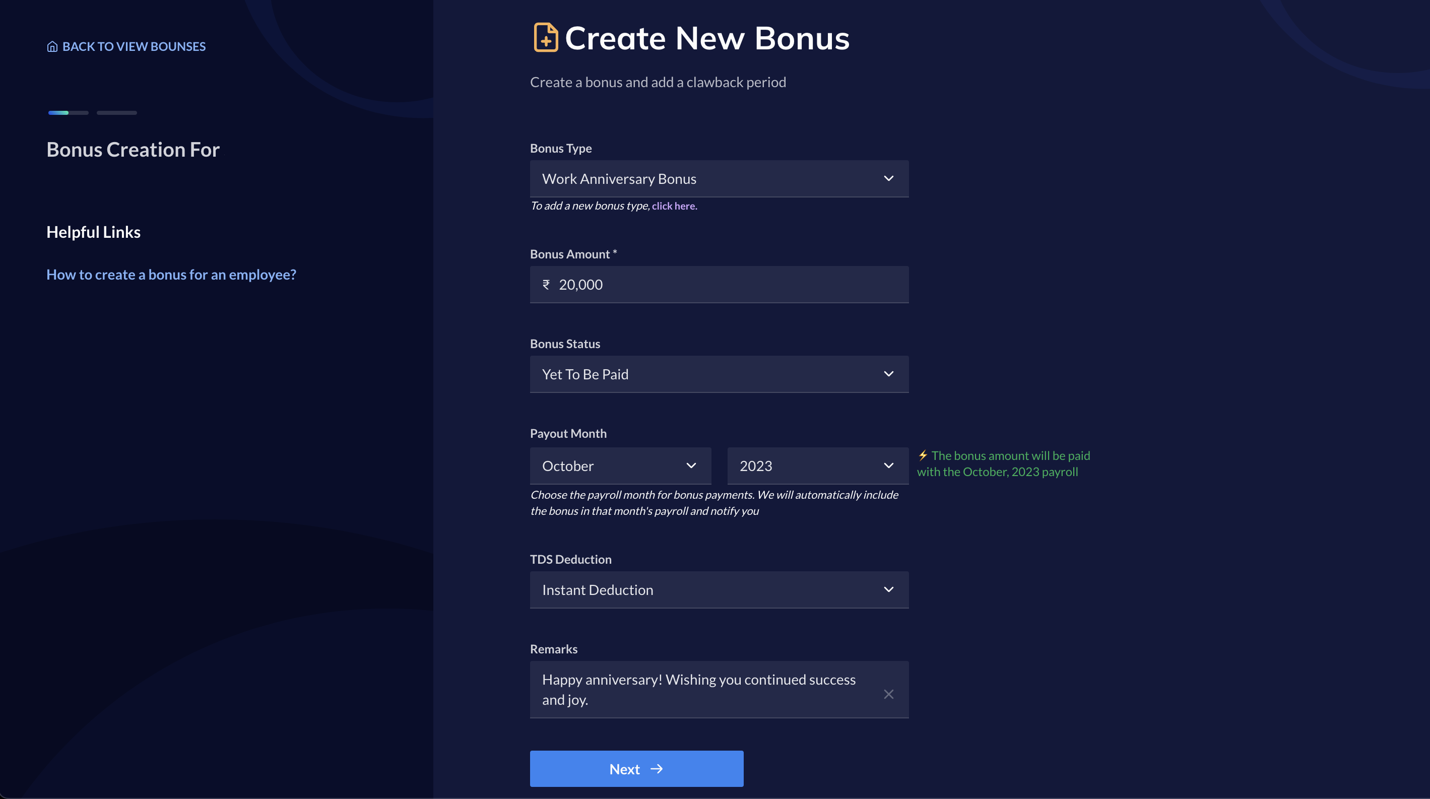 Add bonus details to create bonus on Payroll