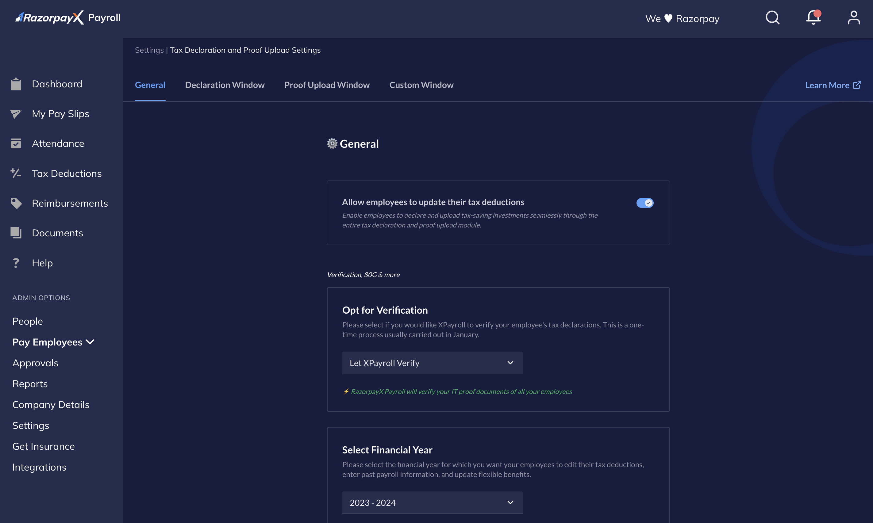 RazorpayX Payroll enable Tax Declaration for employees