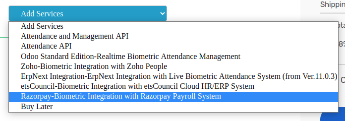 Add services dropdown menu showing integration option with RazorpayX Payroll