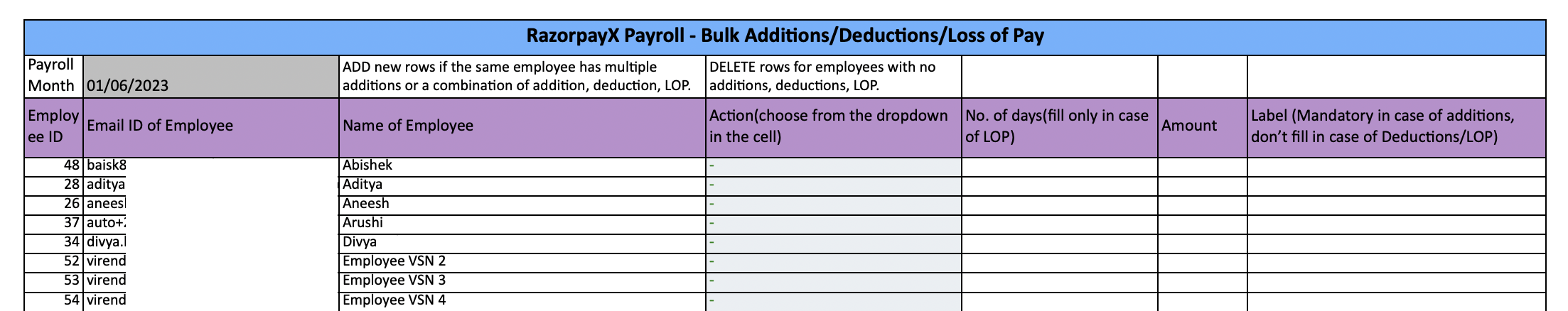 Payroll employee file download template with details