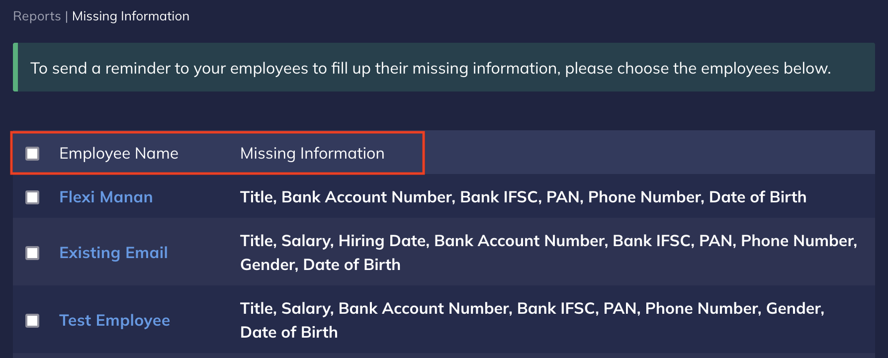Employee missing info highlighted in employee's missing info modal in RazorpayX Payroll.